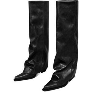 Women's Black Leather Pointed Toe Chunky Heel Fold Over Slouchy Shark Boots